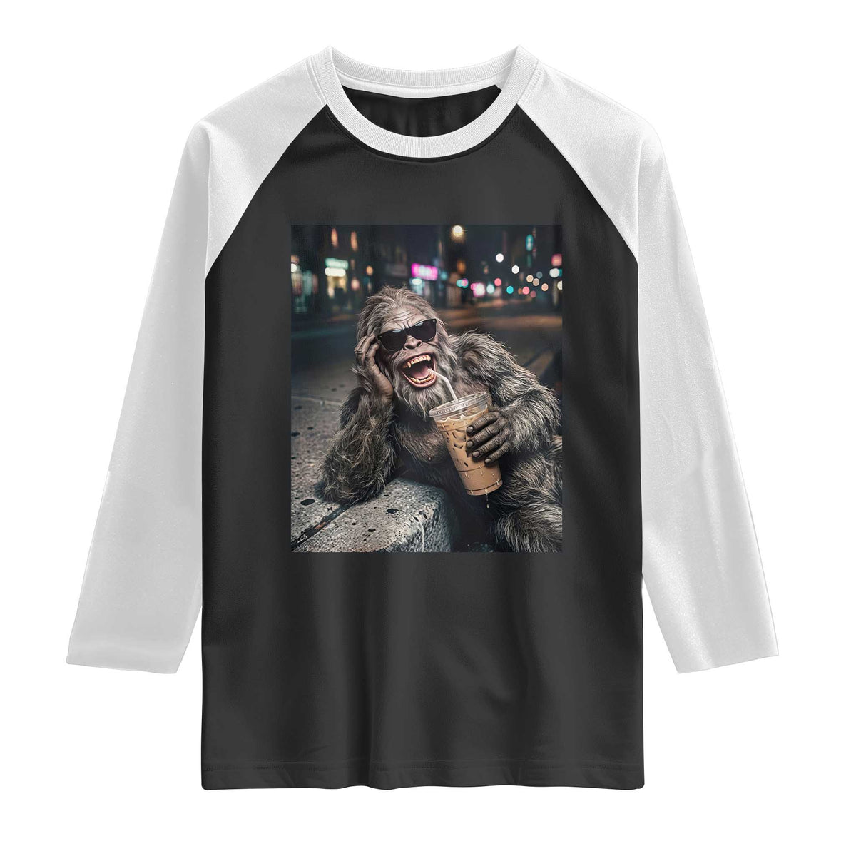 Bigfoot Drinking Iced Coffee Raglan Shirt Funny Sasquatch Streetwear TS14 Black White Print Your Wear