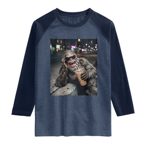 Bigfoot Drinking Iced Coffee Raglan Shirt Funny Sasquatch Streetwear TS14 Heather Denim Navy Print Your Wear