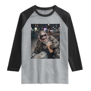 Bigfoot Drinking Iced Coffee Raglan Shirt Funny Sasquatch Streetwear TS14 Heather Gray Black Print Your Wear