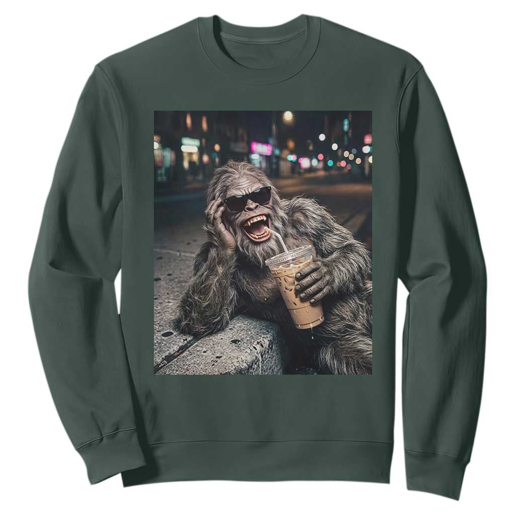 Bigfoot Drinking Iced Coffee Sweatshirt Funny Sasquatch Streetwear TS14 Dark Forest Green Print Your Wear