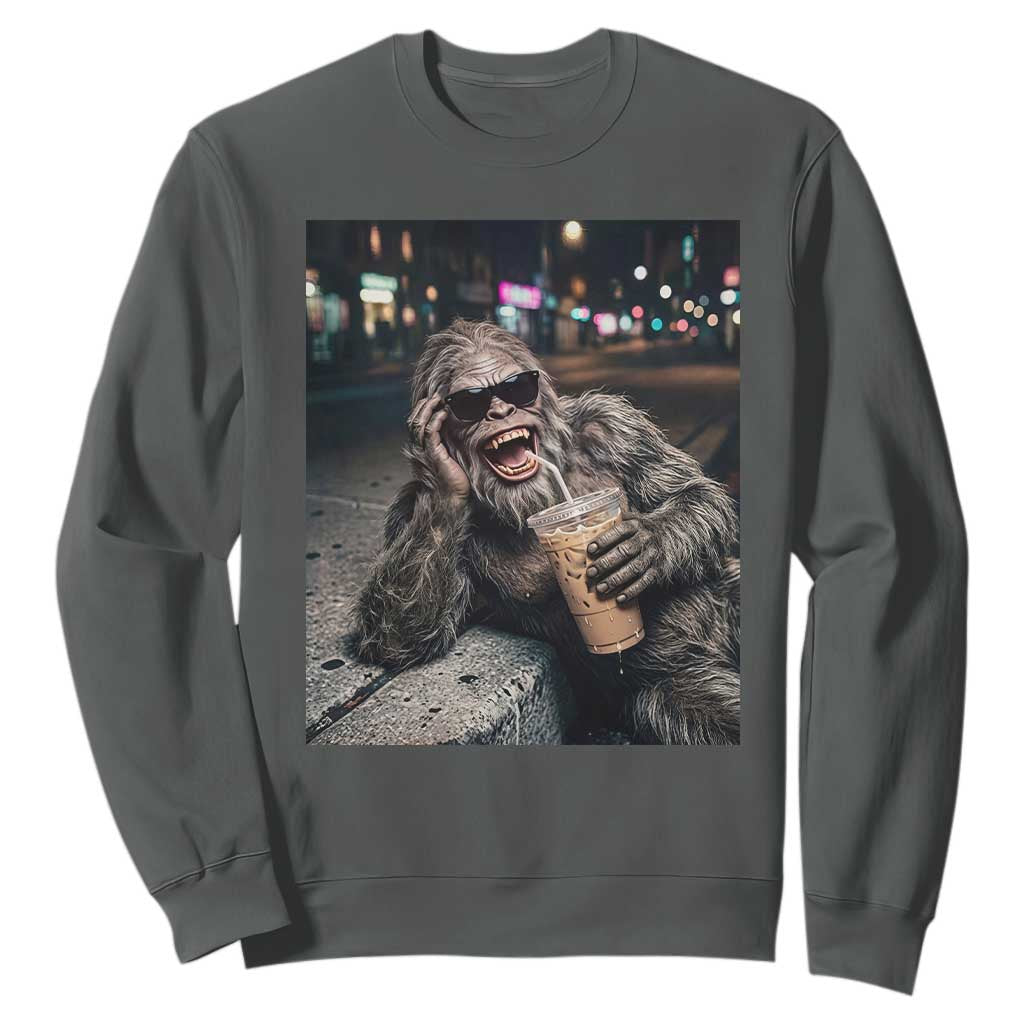 Bigfoot Drinking Iced Coffee Sweatshirt Funny Sasquatch Streetwear TS14 Dark Heather Print Your Wear