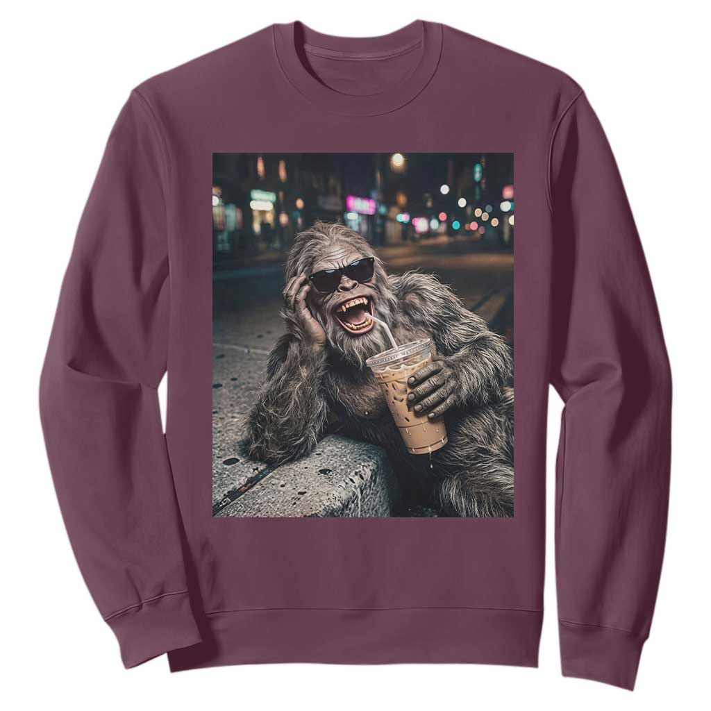 Bigfoot Drinking Iced Coffee Sweatshirt Funny Sasquatch Streetwear TS14 Maroon Print Your Wear