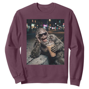 Bigfoot Drinking Iced Coffee Sweatshirt Funny Sasquatch Streetwear TS14 Maroon Print Your Wear