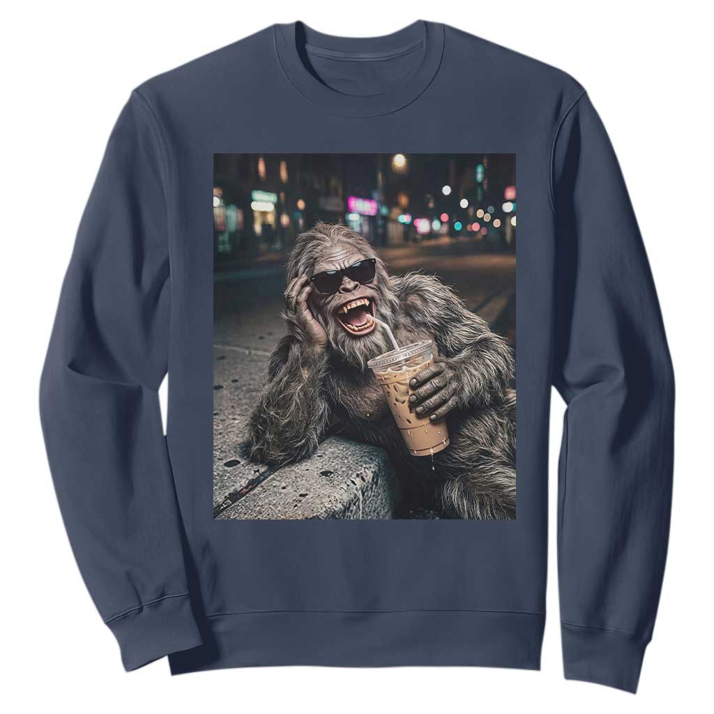 Bigfoot Drinking Iced Coffee Sweatshirt Funny Sasquatch Streetwear TS14 Navy Print Your Wear