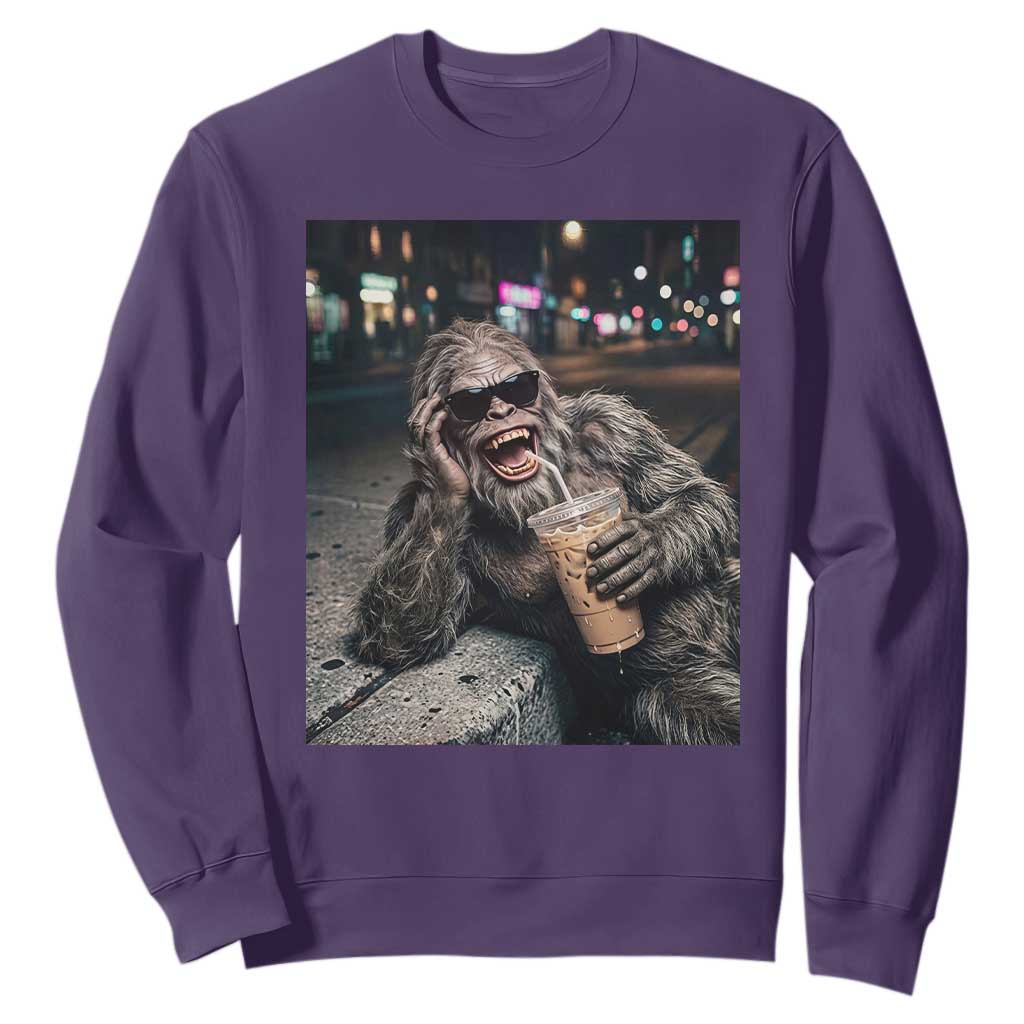 Bigfoot Drinking Iced Coffee Sweatshirt Funny Sasquatch Streetwear TS14 Purple Print Your Wear