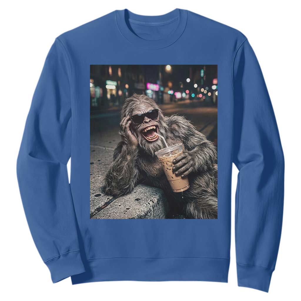 Bigfoot Drinking Iced Coffee Sweatshirt Funny Sasquatch Streetwear TS14 Royal Blue Print Your Wear