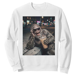 Bigfoot Drinking Iced Coffee Sweatshirt Funny Sasquatch Streetwear TS14 White Print Your Wear