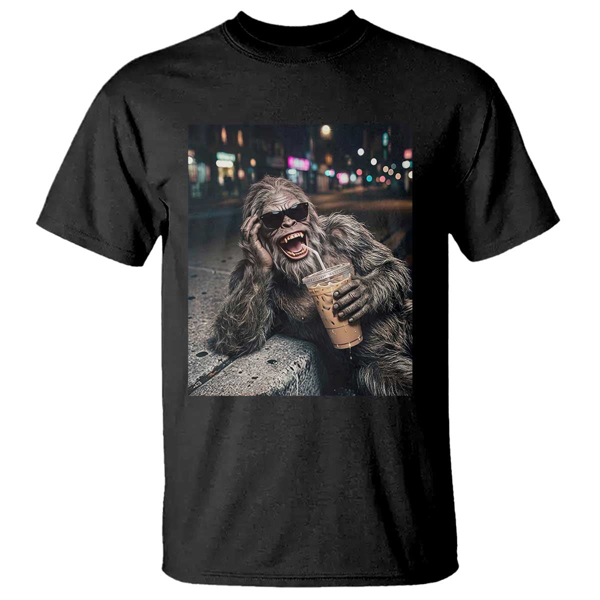 Bigfoot Drinking Iced Coffee T Shirt Funny Sasquatch Streetwear TS14 Black Print Your Wear