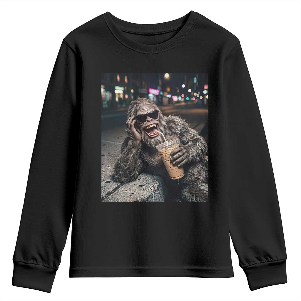 Bigfoot Drinking Iced Coffee Youth Sweatshirt Funny Sasquatch Streetwear TS14 Black Print Your Wear