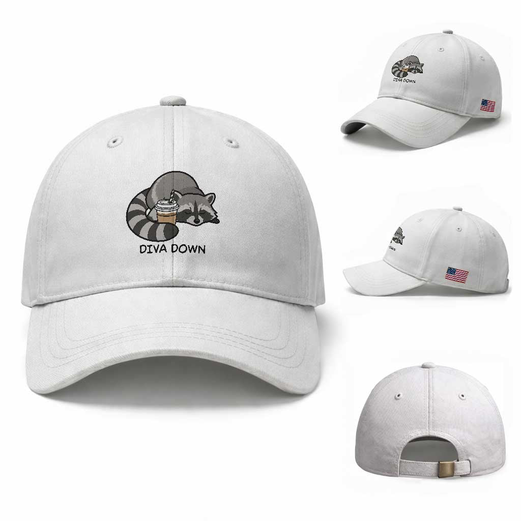 Diva Down Baseball Cap Funny Raccoon Relaxed TS14 Baseball Cap Universal Fit White Print Your Wear