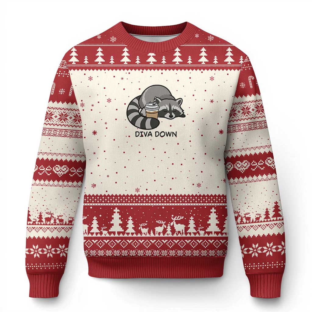 Diva Down Ugly Christmas Sweater Funny Raccoon Relaxed TS14 Beige Red Print Your Wear