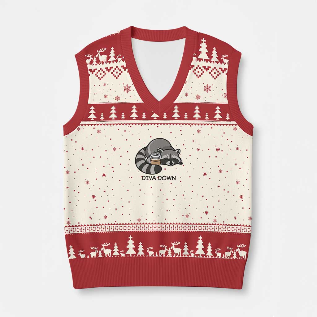 Diva Down V-Neck Knit Sweater Vest Funny Raccoon Relaxed TS14 Beige Red Print Your Wear