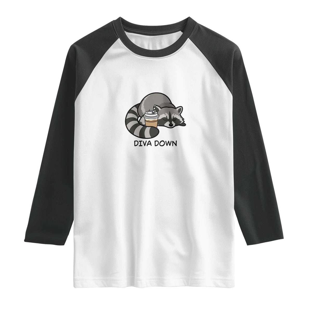 Diva Down Raglan Shirt Funny Raccoon Relaxed TS14 White Black Print Your Wear