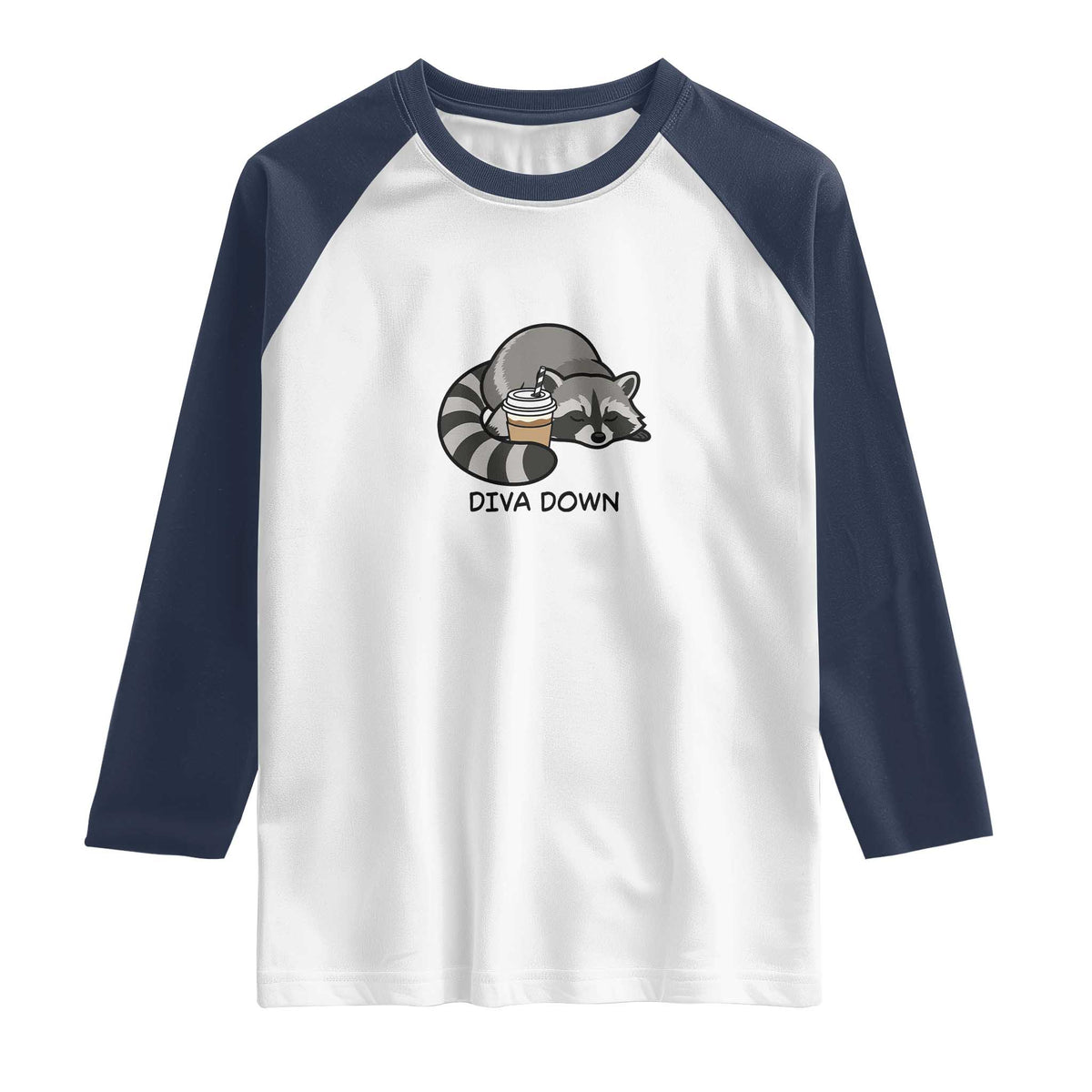Diva Down Raglan Shirt Funny Raccoon Relaxed TS14 White Navy Print Your Wear