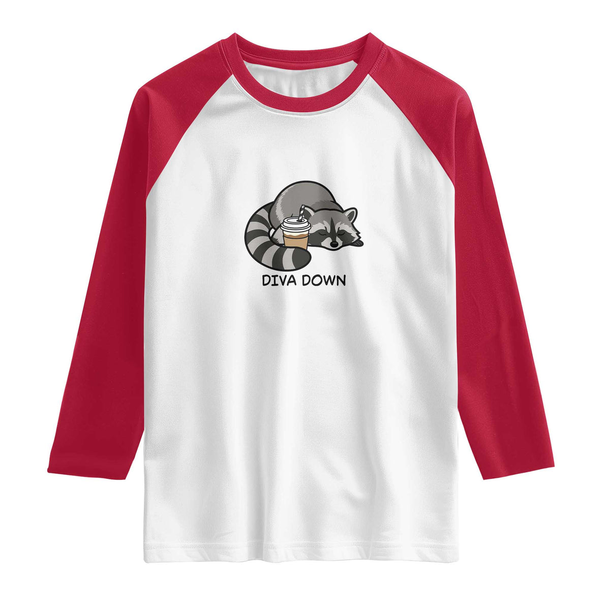 Diva Down Raglan Shirt Funny Raccoon Relaxed TS14 White Red Print Your Wear