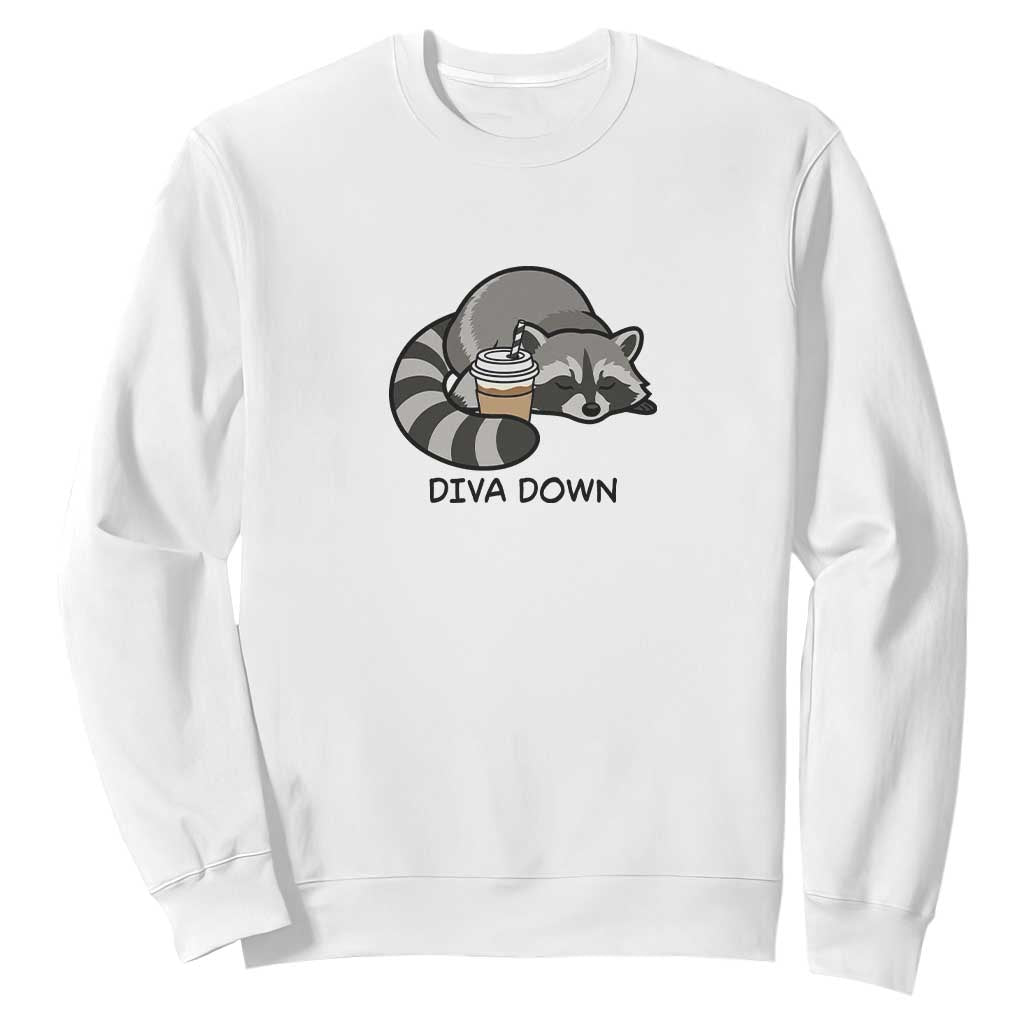 Diva Down Sweatshirt Funny Raccoon Relaxed TS14 White Print Your Wear