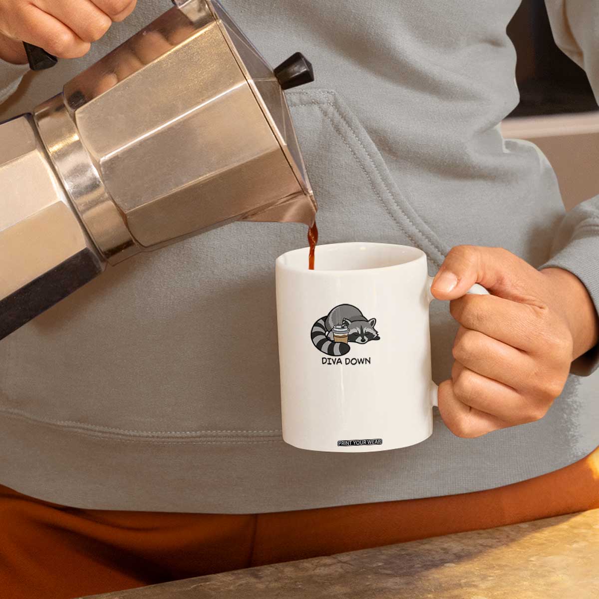 Diva Down Coffee Mug Funny Raccoon Relaxed TS14 Print Your Wear