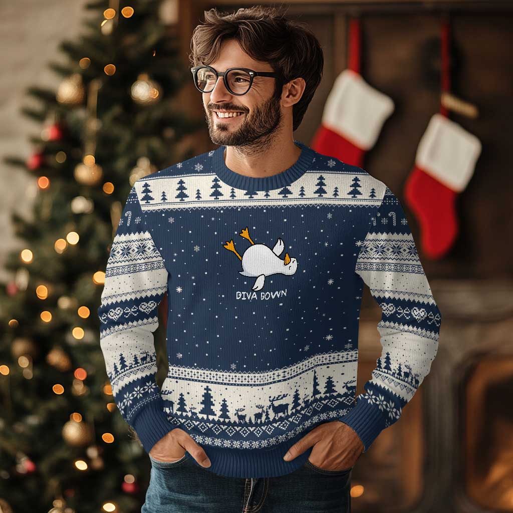 Diva Down Silly Goose Ugly Christmas Sweater Funny Sarcastic Animal Meme TS14 Navy Beige Print Your Wear