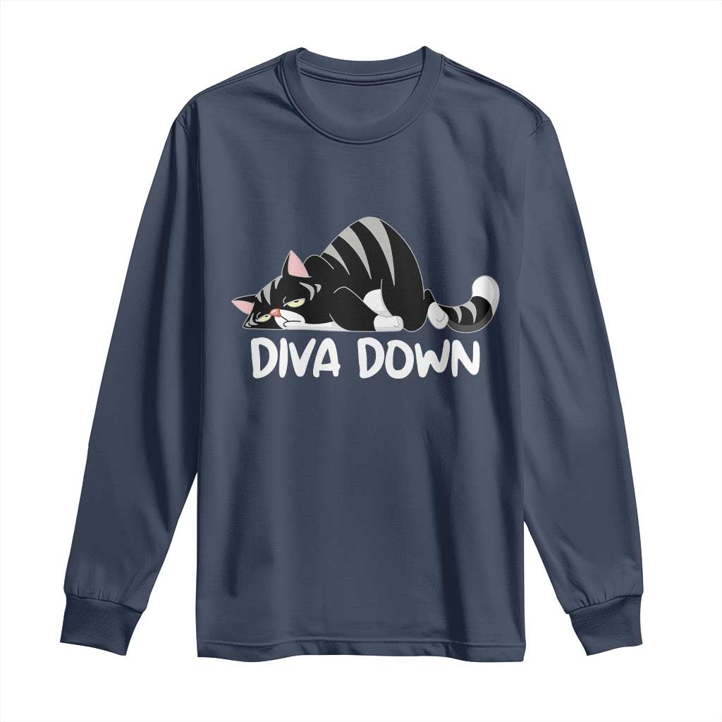 Diva Down Long Sleeve Shirt Funny Sarcastic Cat Meme TS14 Navy Print Your Wear