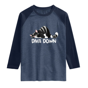 Diva Down Raglan Shirt Funny Sarcastic Cat Meme TS14 Heather Denim Navy Print Your Wear