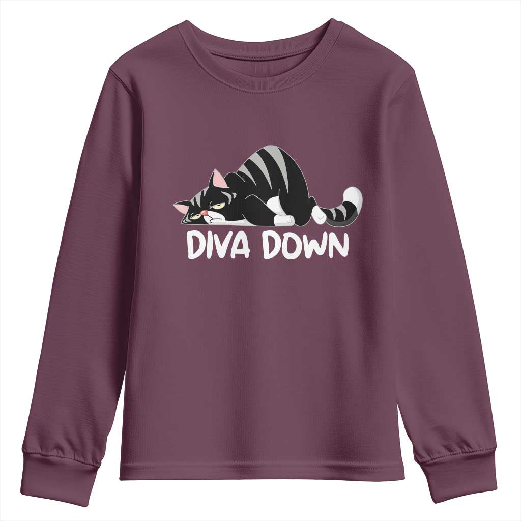 Diva Down Youth Sweatshirt Funny Sarcastic Cat Meme TS14 Maroon Print Your Wear