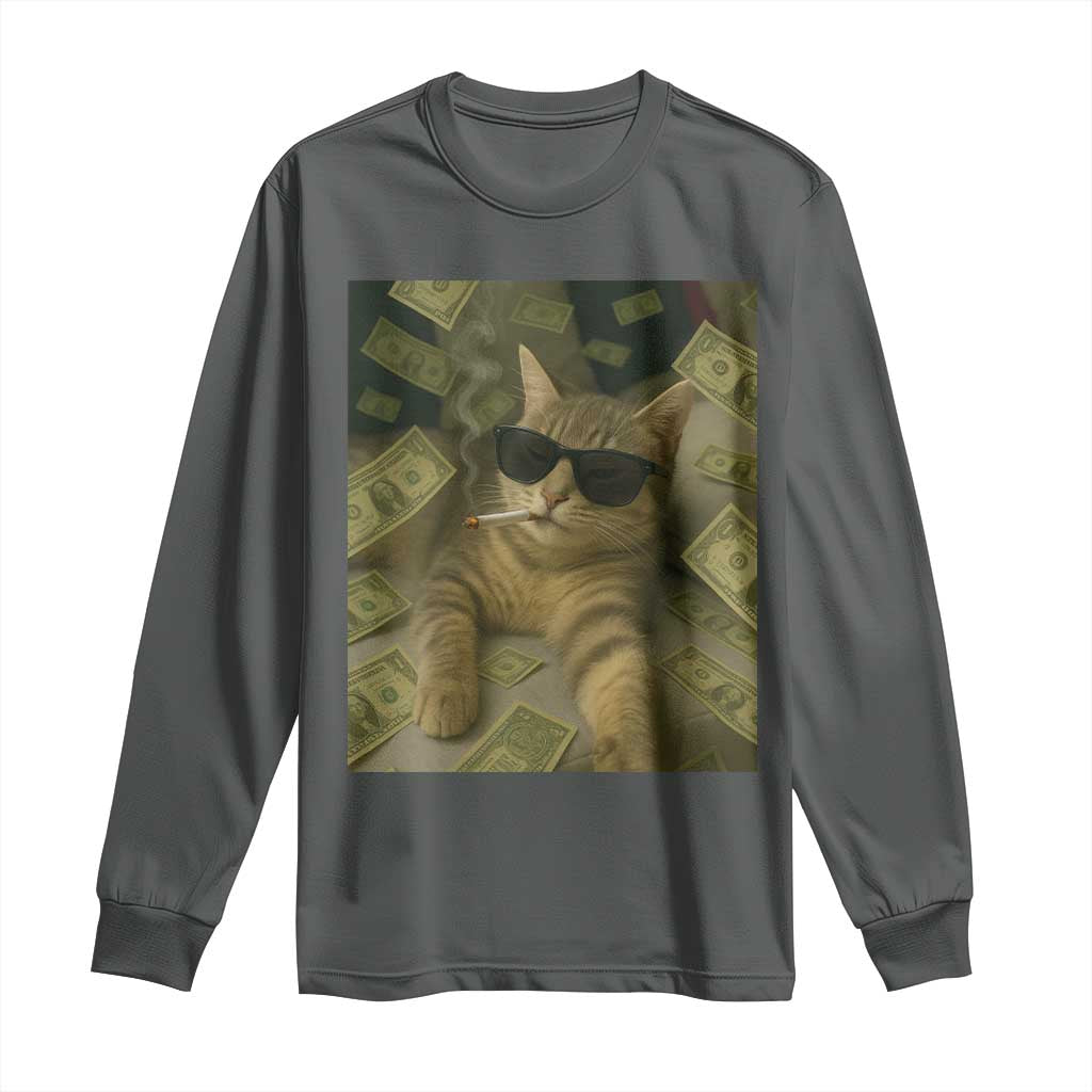 Funny Smoking Cat Selfie Meme Long Sleeve Shirt Gen Z Joke TS14 Dark Heather Print Your Wear