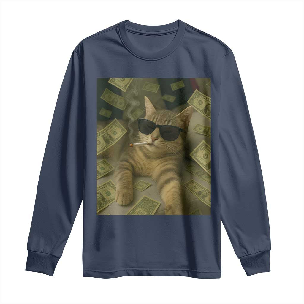 Funny Smoking Cat Selfie Meme Long Sleeve Shirt Gen Z Joke TS14 Navy Print Your Wear