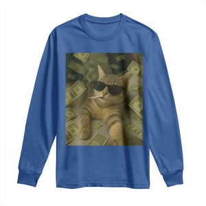 Funny Smoking Cat Selfie Meme Long Sleeve Shirt Gen Z Joke TS14 Royal Blue Print Your Wear
