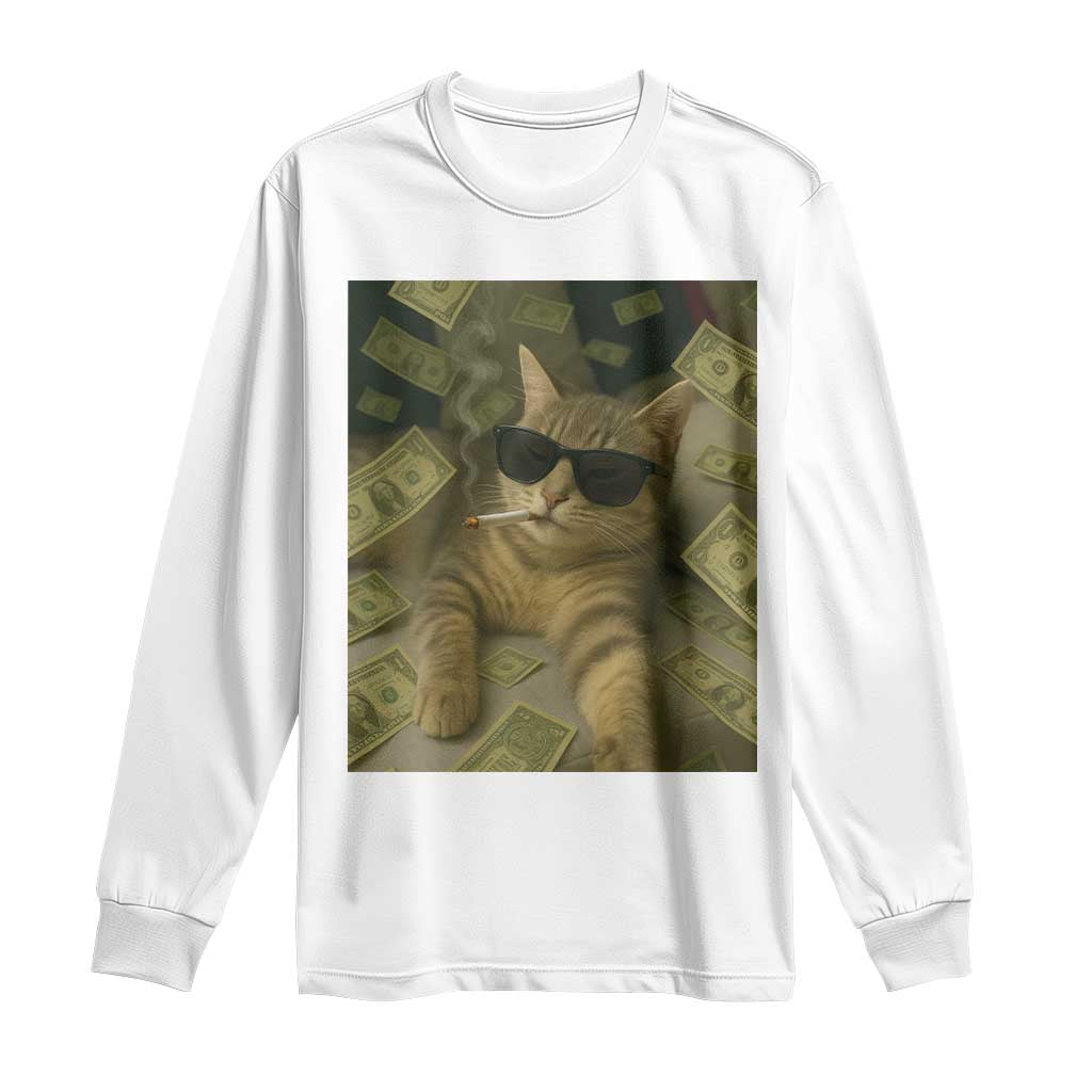 Funny Smoking Cat Selfie Meme Long Sleeve Shirt Gen Z Joke TS14 White Print Your Wear