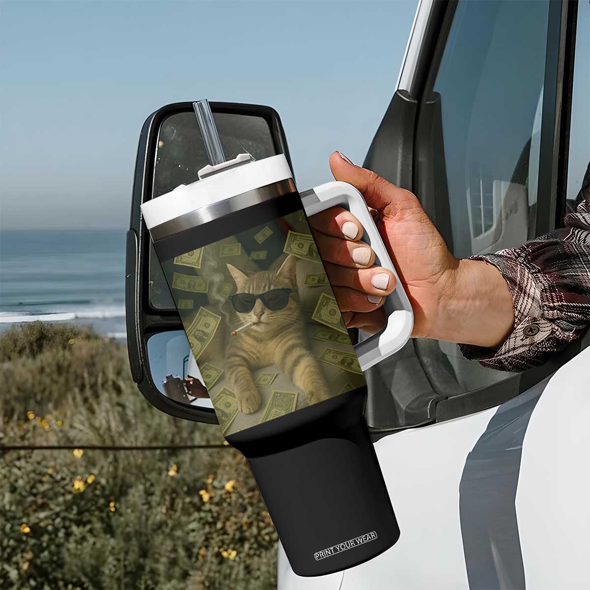 Funny Smoking Cat Selfie Meme Tumbler With Handle Gen Z Joke TS14 Print Your Wear