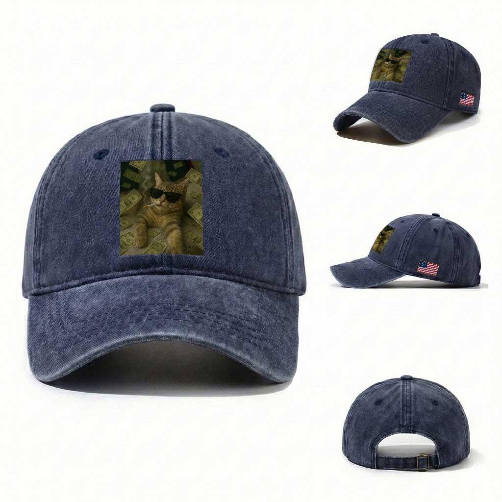 Funny Smoking Cat Selfie Meme Washed Cotton Baseball Cap Gen Z Joke TS14 Washed Cap Universal Fit Navy Print Your Wear