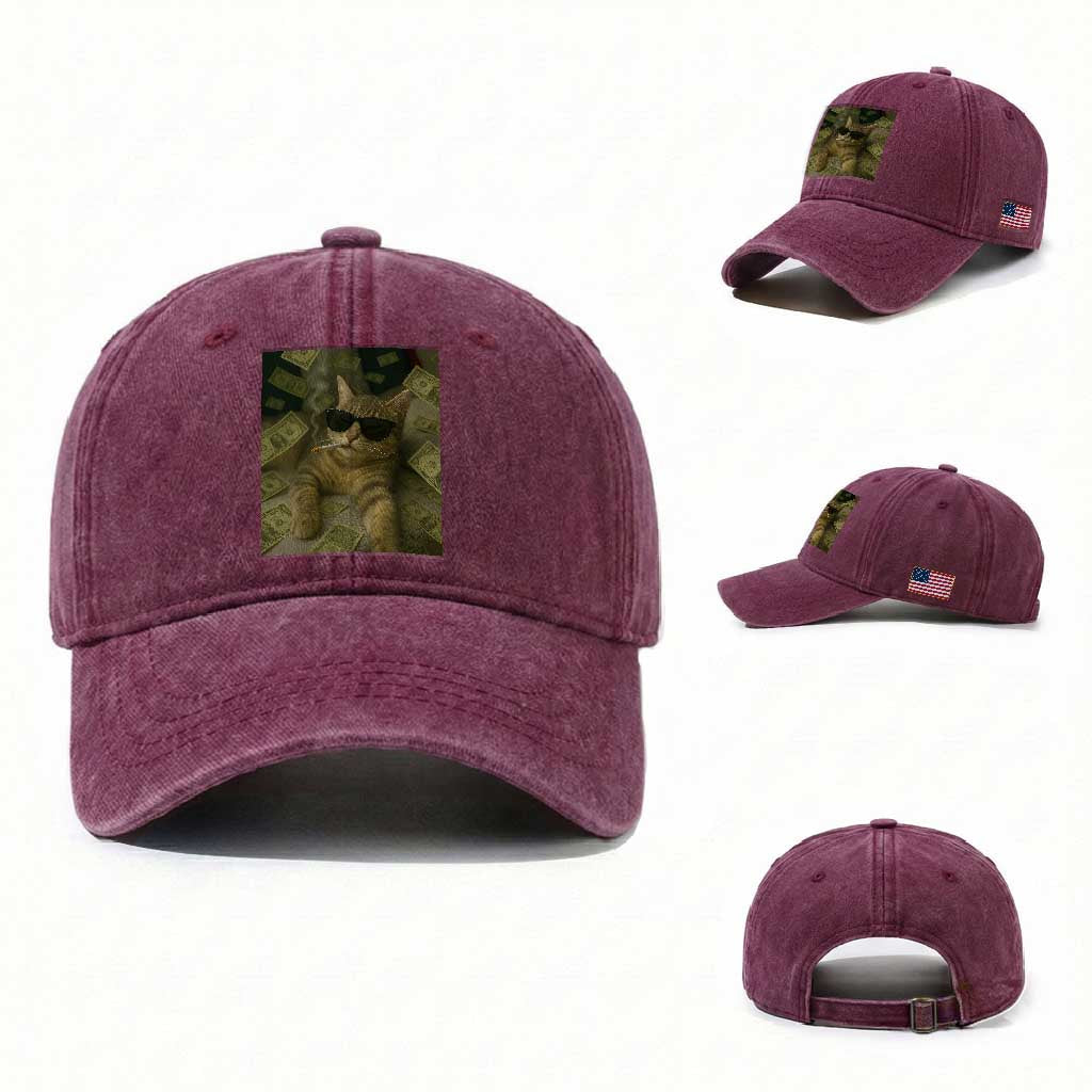 Funny Smoking Cat Selfie Meme Washed Cotton Baseball Cap Gen Z Joke TS14 Washed Cap Universal Fit Burgundy Print Your Wear