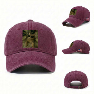 Funny Smoking Cat Selfie Meme Washed Cotton Baseball Cap Gen Z Joke TS14 Washed Cap Universal Fit Burgundy Print Your Wear
