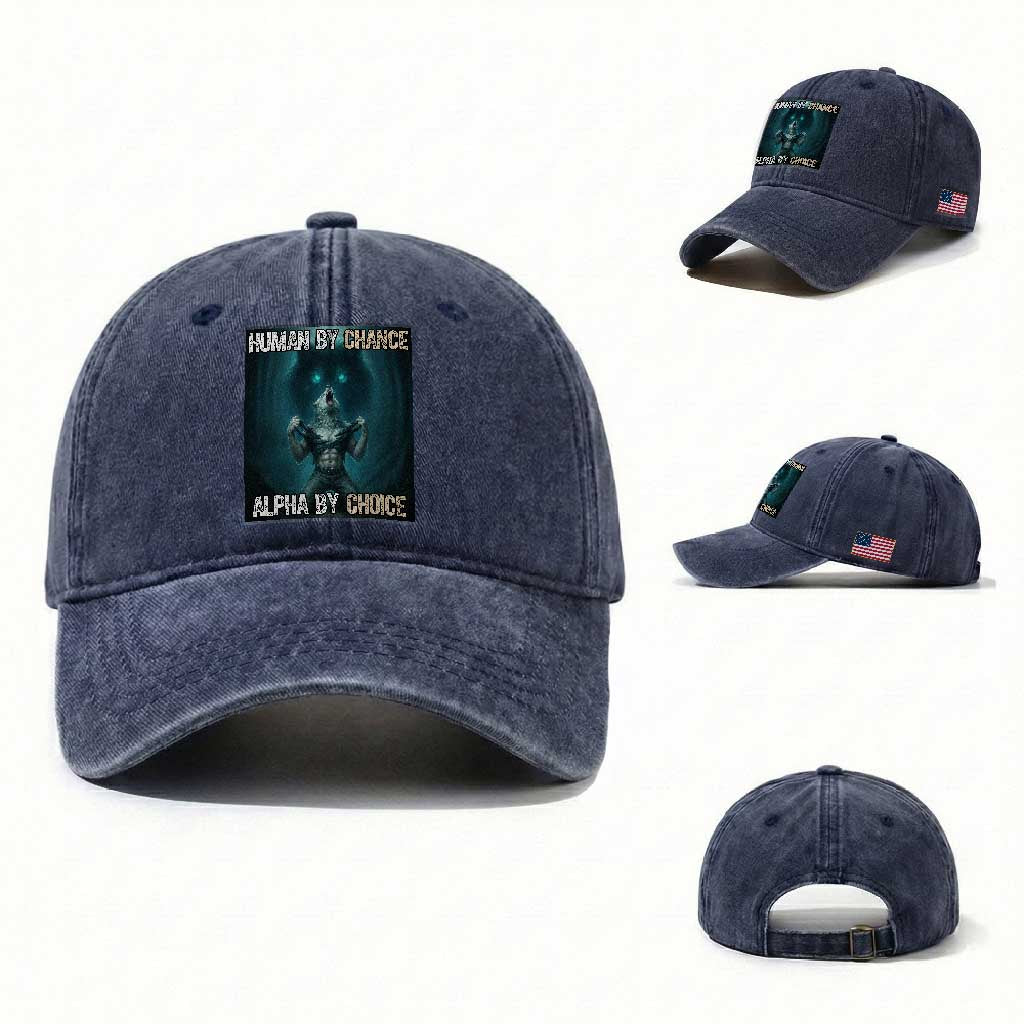 Funny Alpha Wolf Meme Washed Cotton Baseball Cap Human By Chance Alpha By Choice TS14 Washed Cap Universal Fit Navy Print Your Wear
