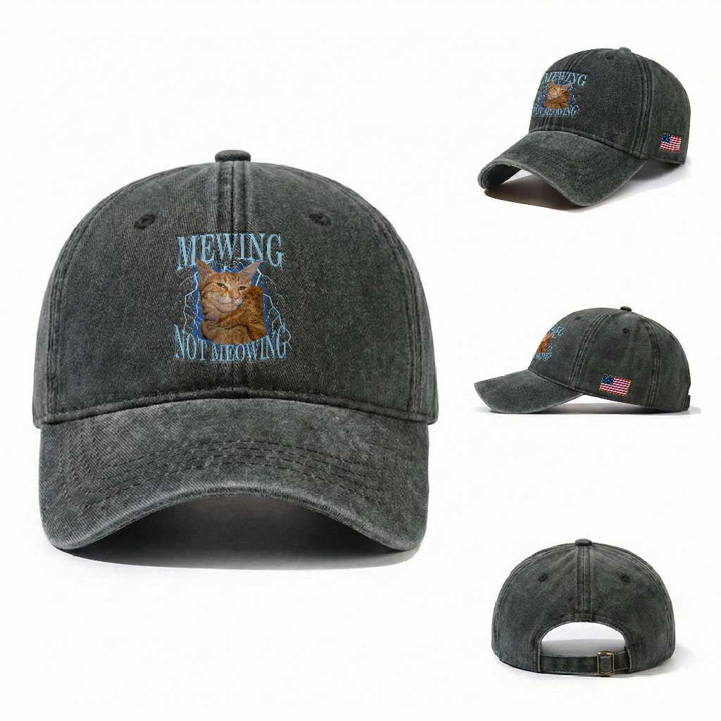 Mewing Not Meowing Washed Cotton Baseball Cap Funny Cat Meme TS14 Washed Cap Universal Fit Dark Green Print Your Wear