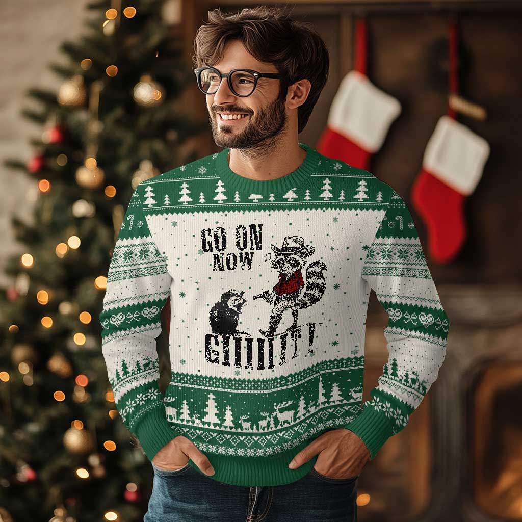 Funny Cowboy Raccoon Opossum Ugly Christmas Sweater Go On Now Git TS14 Beige Green Print Your Wear
