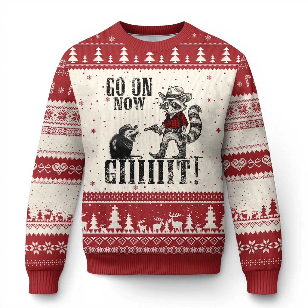 Funny Cowboy Raccoon Opossum Ugly Christmas Sweater Go On Now Git TS14 Beige Red Print Your Wear