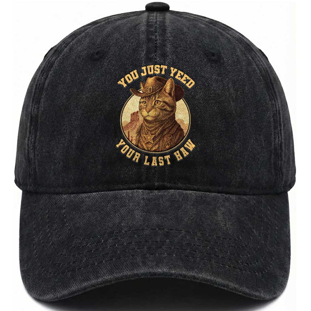 Cowboy Cat Washed Cotton Baseball Cap You Just Yeehaw Your Last Haw TS14 Washed Cap Universal Fit Black Print Your Wear