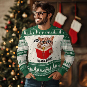 Funny Cat Reading Ugly Christmas Sweater Book Lover TS14 Beige Green Print Your Wear