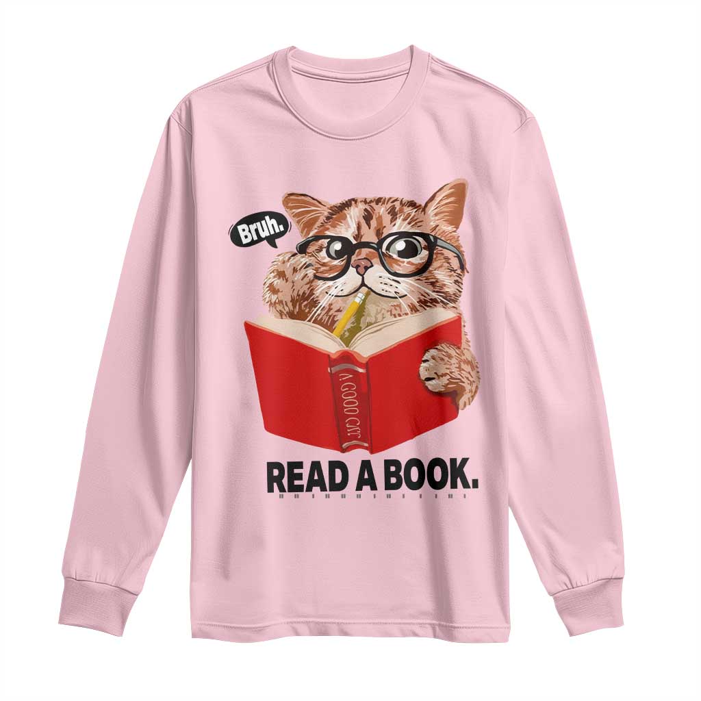Funny Cat Reading Long Sleeve Shirt Book Lover TS14 Light Pink Print Your Wear