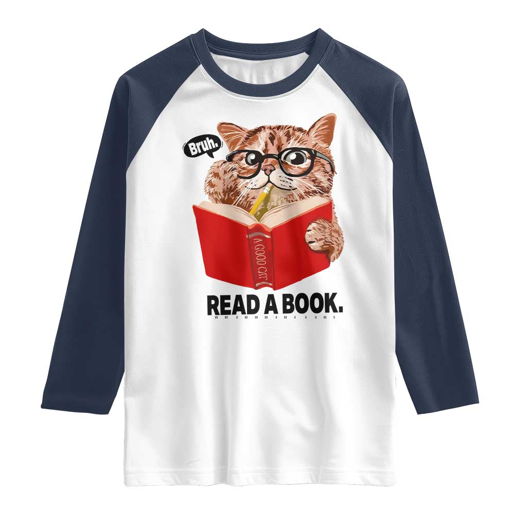 Funny Cat Reading Raglan Shirt Book Lover TS14 White Navy Print Your Wear