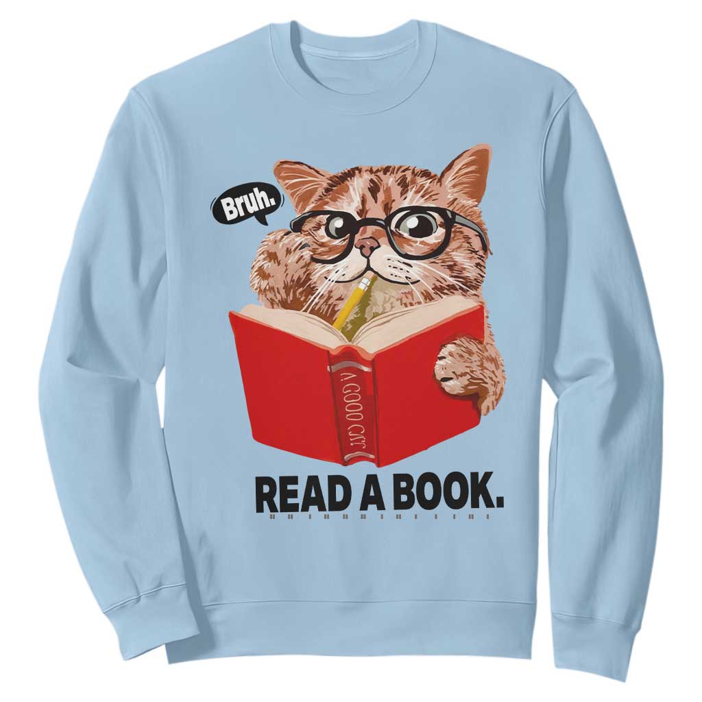 Funny Cat Reading Sweatshirt Book Lover TS14 Light Blue Print Your Wear