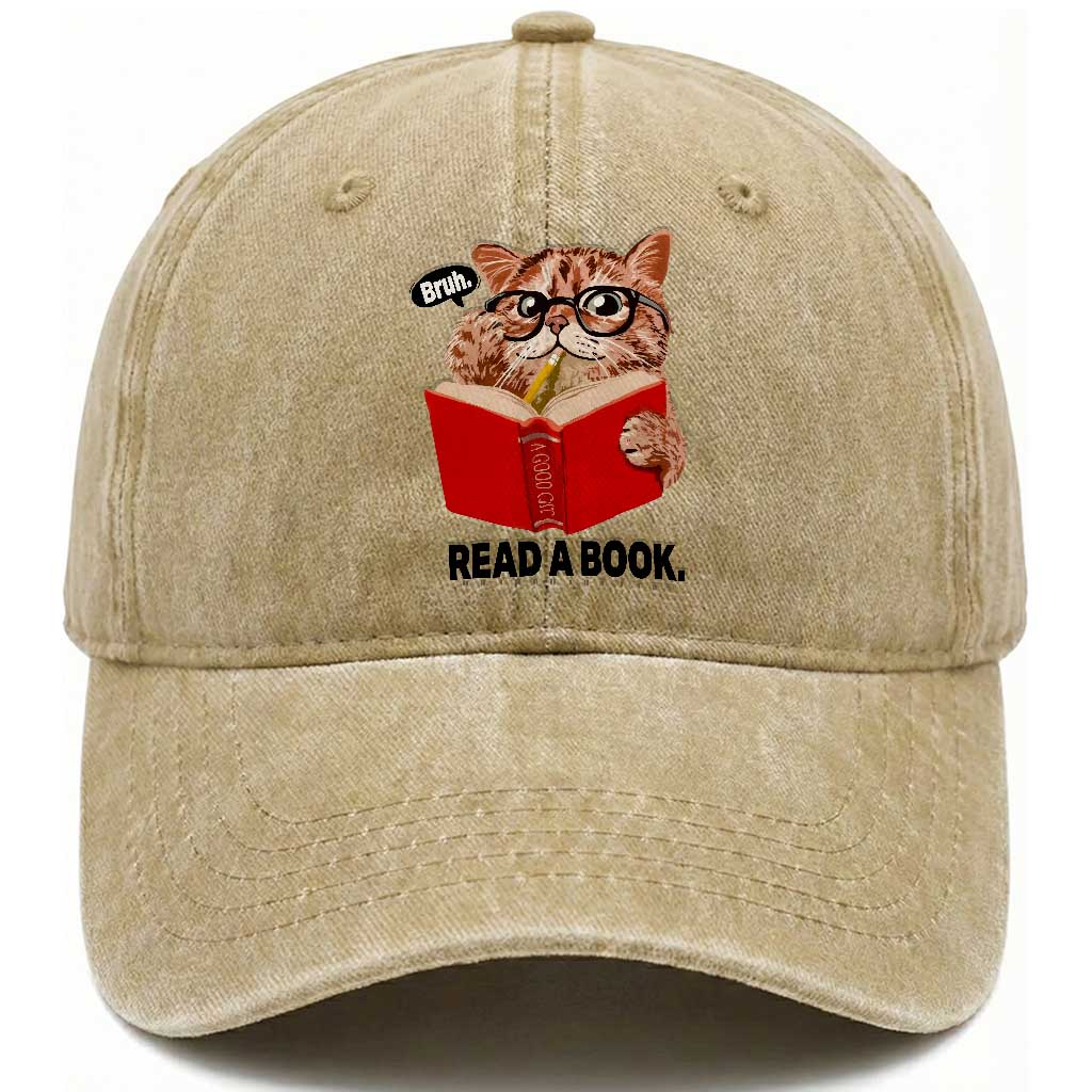 Funny Cat Reading Washed Cotton Baseball Cap Book Lover TS14 Washed Cap Universal Fit Khaki Print Your Wear