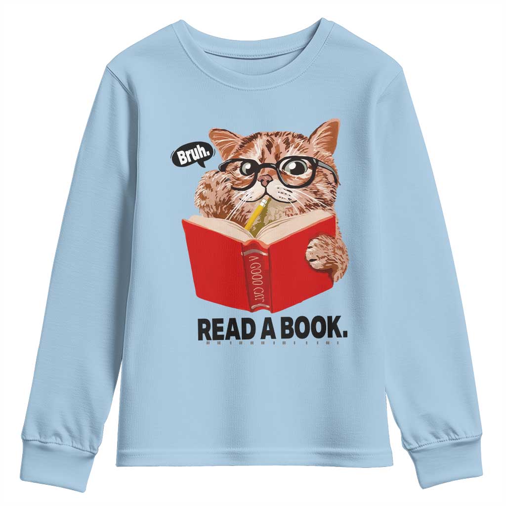 Funny Cat Reading Youth Sweatshirt Book Lover TS14 Light Blue Print Your Wear