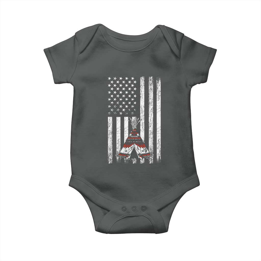 Teepee Pocket Native American Baby Onesie American Flag Native Feather Pride Month Indigenous TS14 Dark Heather Print Your Wear