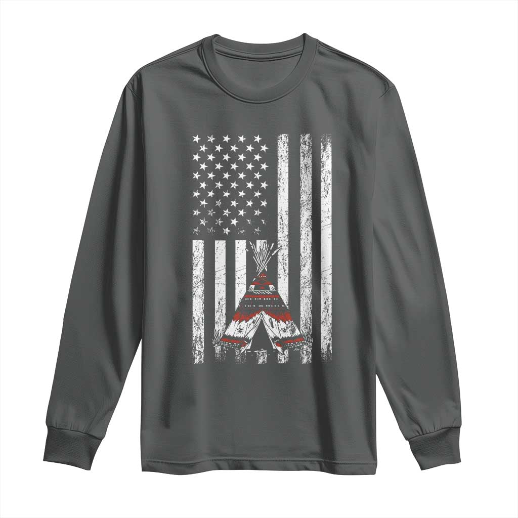 Teepee Pocket Native American Long Sleeve Shirt American Flag Native Feather Pride Month Indigenous TS14 Dark Heather Print Your Wear