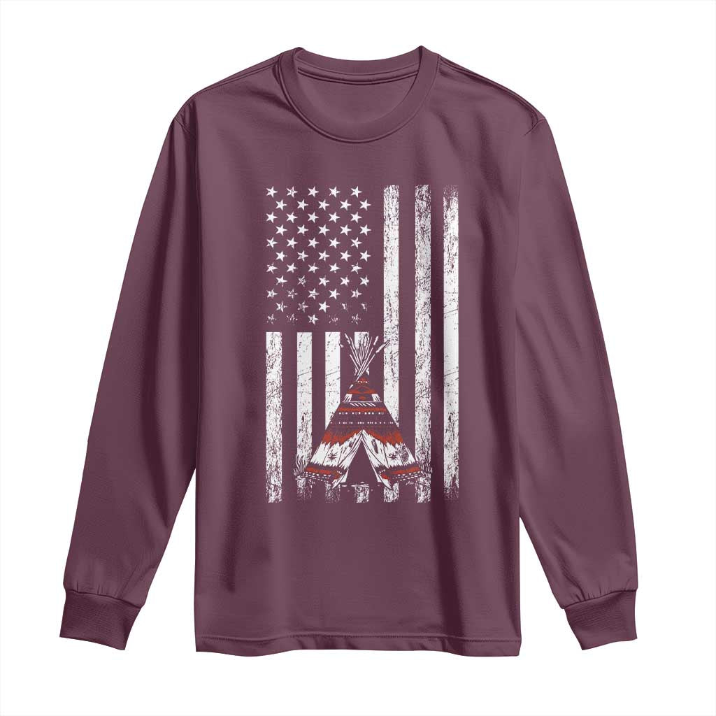 Teepee Pocket Native American Long Sleeve Shirt American Flag Native Feather Pride Month Indigenous TS14 Maroon Print Your Wear