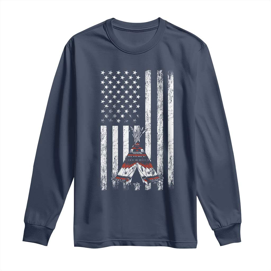 Teepee Pocket Native American Long Sleeve Shirt American Flag Native Feather Pride Month Indigenous TS14 Navy Print Your Wear