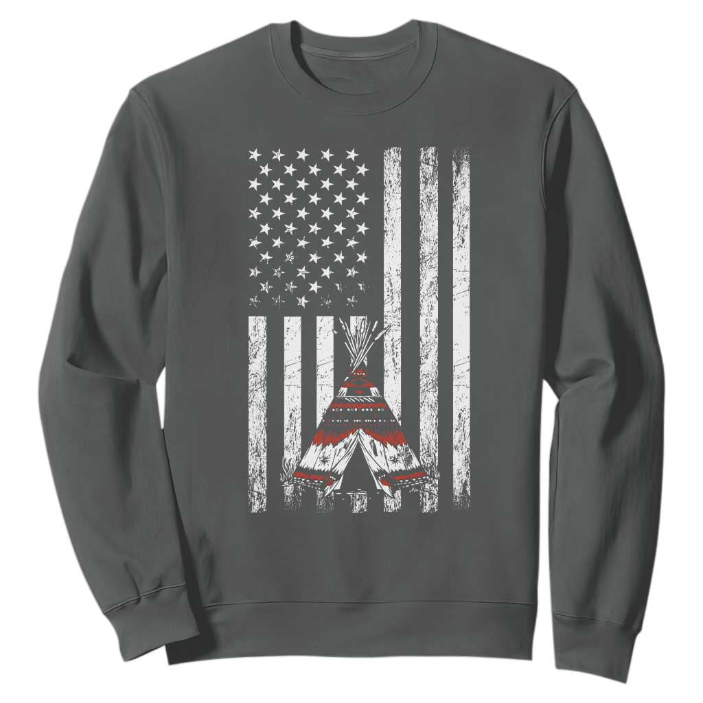 Teepee Pocket Native American Sweatshirt American Flag Native Feather Pride Month Indigenous TS14 Dark Heather Print Your Wear