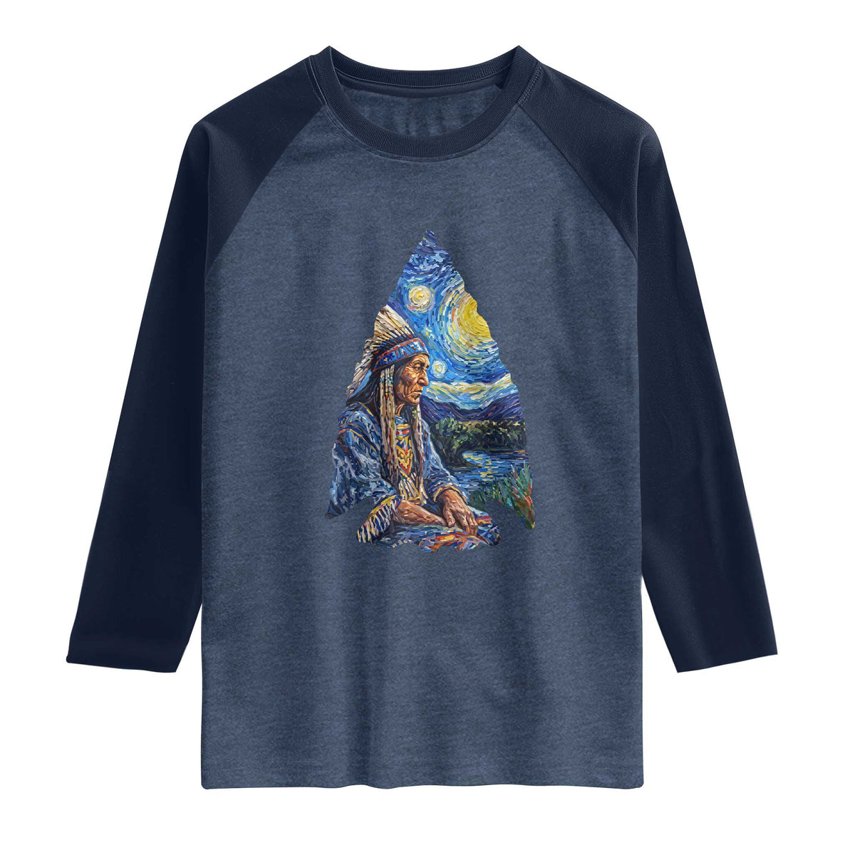 Native American Arrowhead Hunter Starry Night Raglan Shirt TS14 Heather Denim Navy Print Your Wear